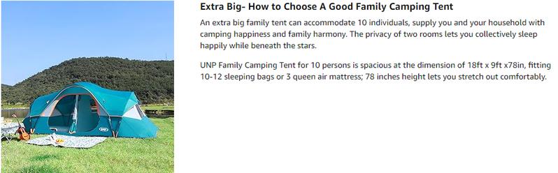 UNP Camping Tent 10-Person-Family Tents, Parties, Music Festival Tent, Big, Easy Up, 5 Large Mesh Windows, Double Layer, 2 Room, Waterproof, Weather Resistant, 18ft x 9ft x78in UNP Camping Tent 10-Person-Family Tents, Parties, Music Festival Tent, Big, Easy Up, 5 Large Mesh Windows, Double Layer, 2 Room, Waterproof, Weather Resistant, 18ft x 9ft x78in