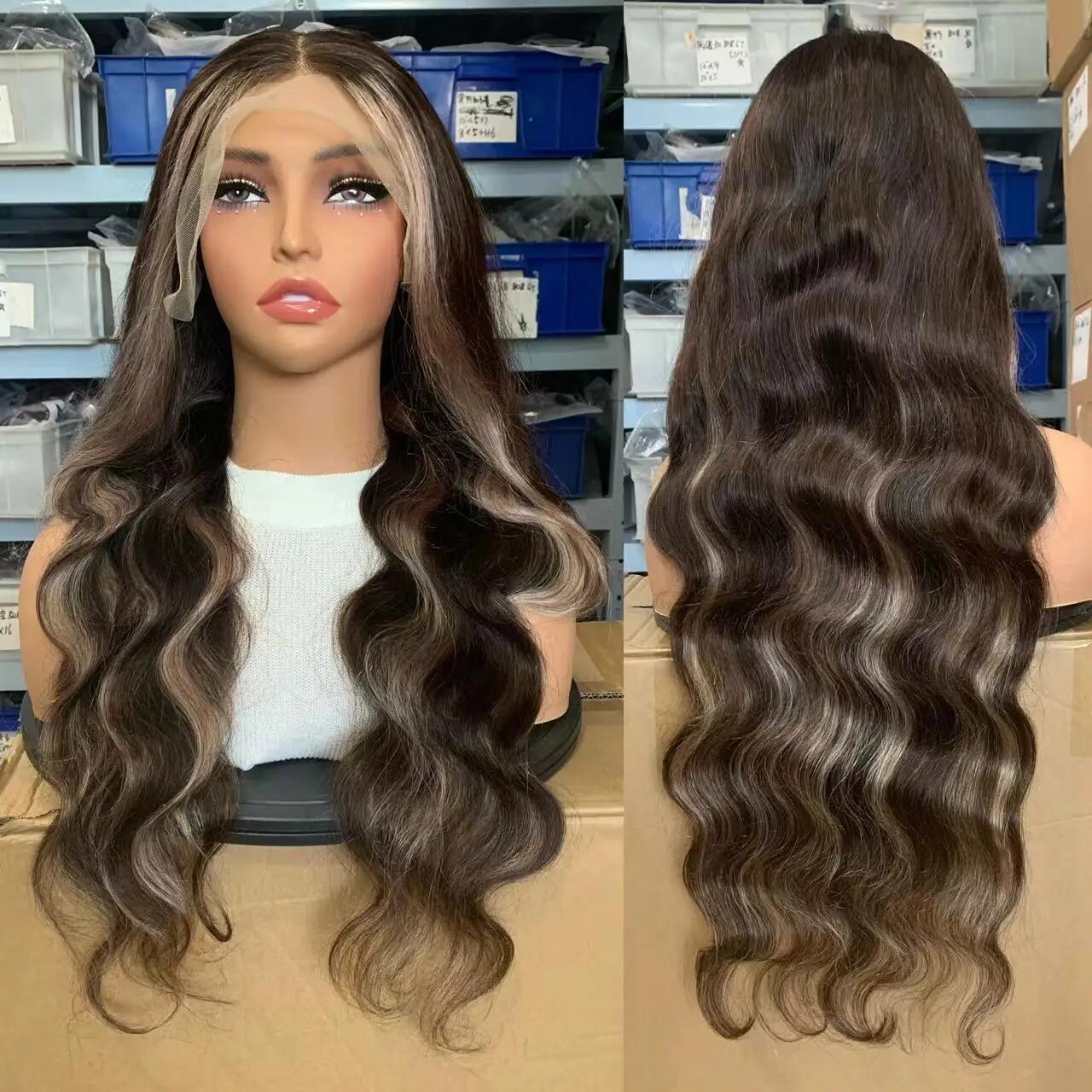 Brown Blonde Highlight Balayage Wig 13X6 Body Wave Human Hair Lace Front Wigs Pre Plucked 180% Density Highlight Ombre Colored Wigs Transparent Lace Frontal Wig Human Hair For Woman Natural Hairline SpringStatements