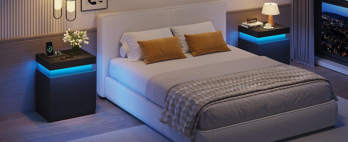 Sikaic Nightstand with Sliding Top and 2 Drawers Modern Bedside Table with LED Lights and Charging Station