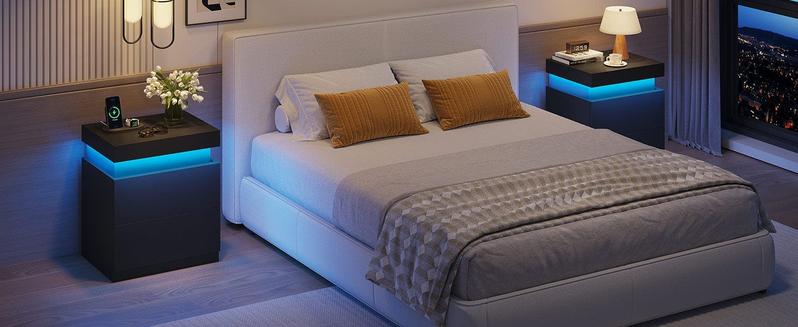 Sikaic Nightstand with Sliding Top and 2 Drawers Modern Bedside Table with LED Lights and Charging Station