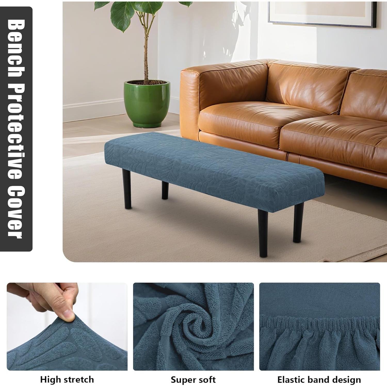 Stretch Bench Seat Cover,  Slipcover for Dining Room & Bedroom, Removable Washable Rectangular Bench Covers, Elastic Fit for  Furniture(Leaf Blue)