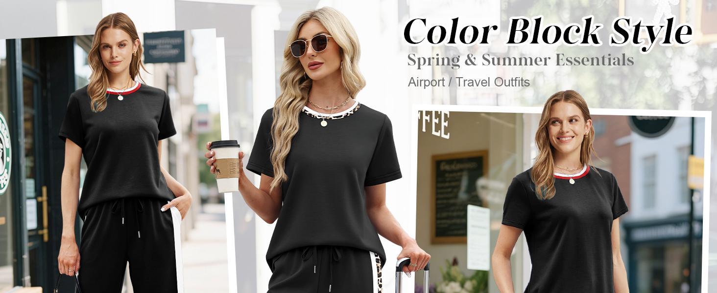 OFEEFAN 2 Piece Lounge Sets for Women Matching Set Summer Outfits Short Sleeve Tops Wide Leg Pants with Pockets
