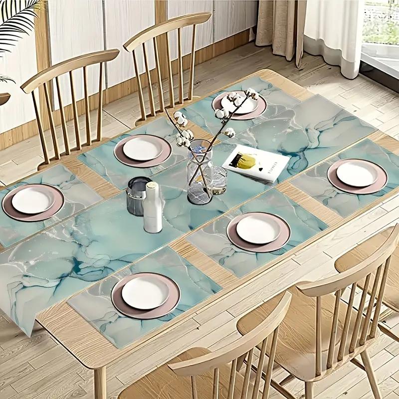 Modern Marble Texture Table Runner Set, Turquoise Color Dining Room Decor, Ideal for Wedding & Holiday Parties, Kitchen Accessories