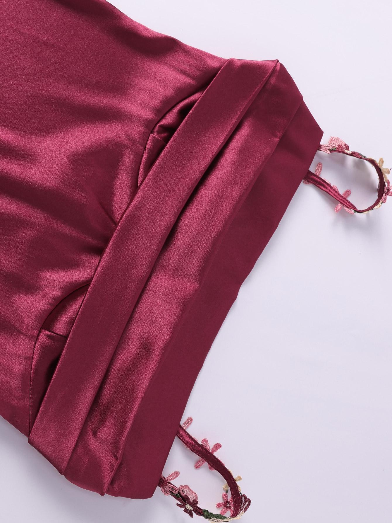 Parthea Backless Floral Embroidery Appliques Satin Ruched  Cami Long Dress,Women Formal & Evening Cocktail Dress