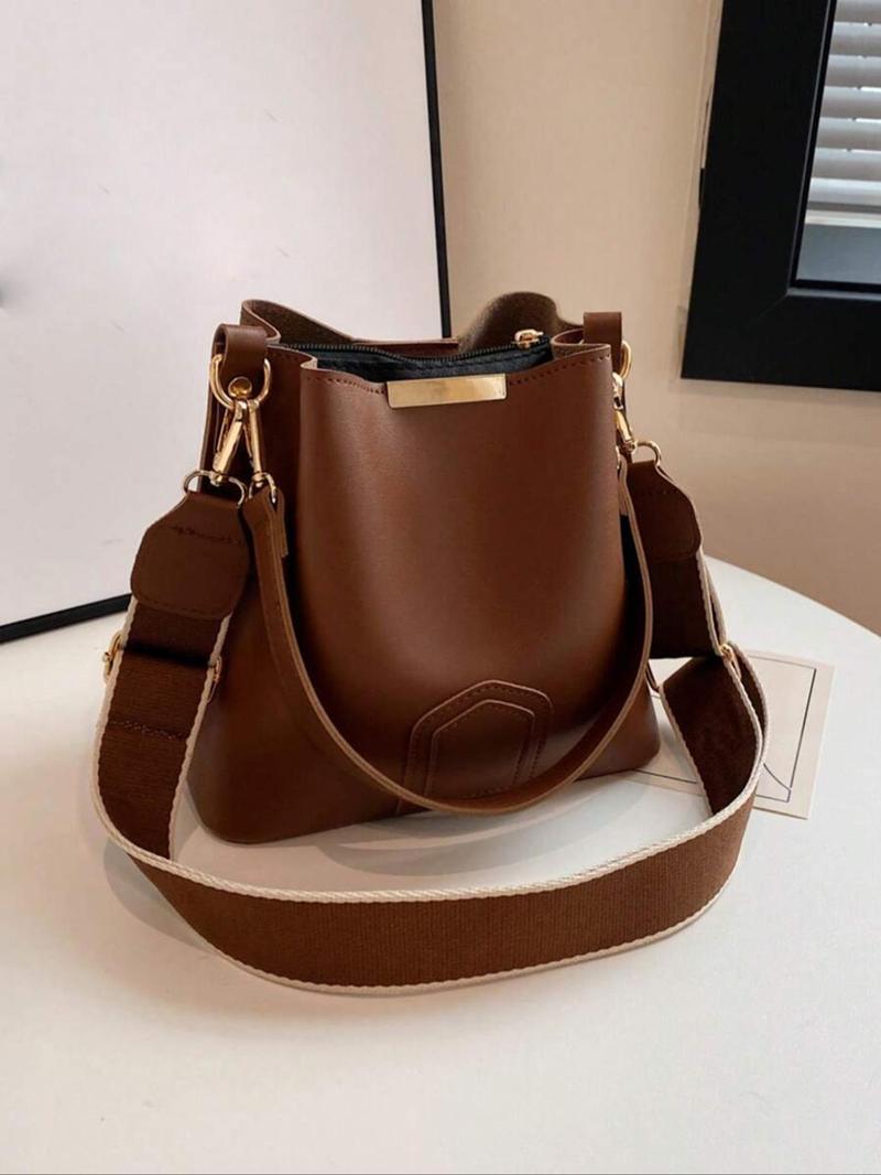 Women's Elegant PU Leather Bucket Bag, Fashionable Vintage Classic Texture Shoulder Bag with Wide Strap, Casual Versatile Crossbody Bag for Work, Commuting, Dating, Shopping and Daily Use