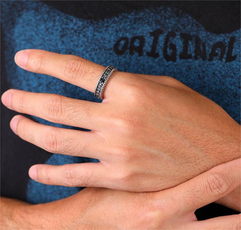 FaithHeart Norse Runes Ring with Black Onyx For Unisex