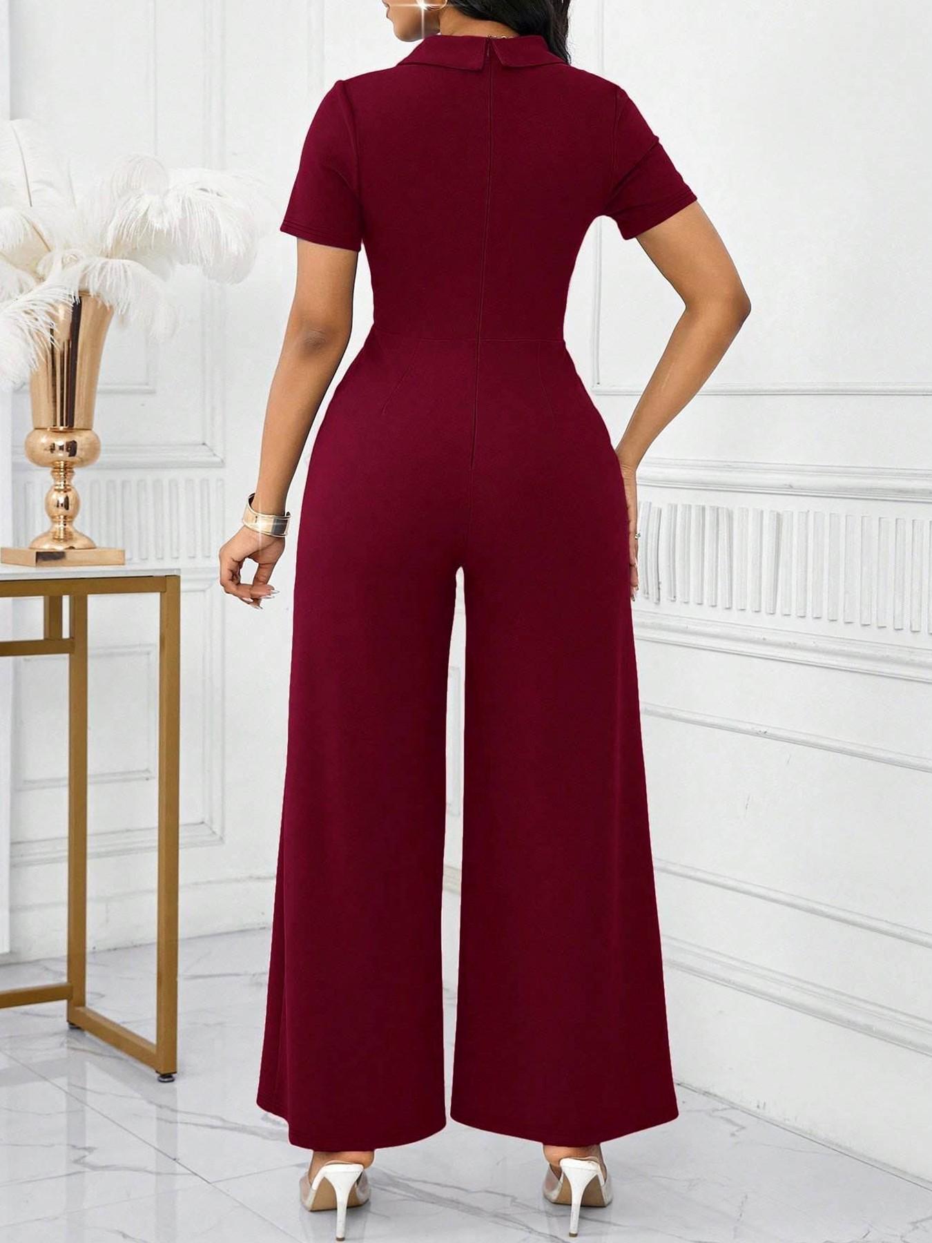 Spring Summer Slim Fit Women's Jumpsuit, Cross Neck Pure Color Single Button Waist Cinching Long, St Patrick's Day Party Wedding Season