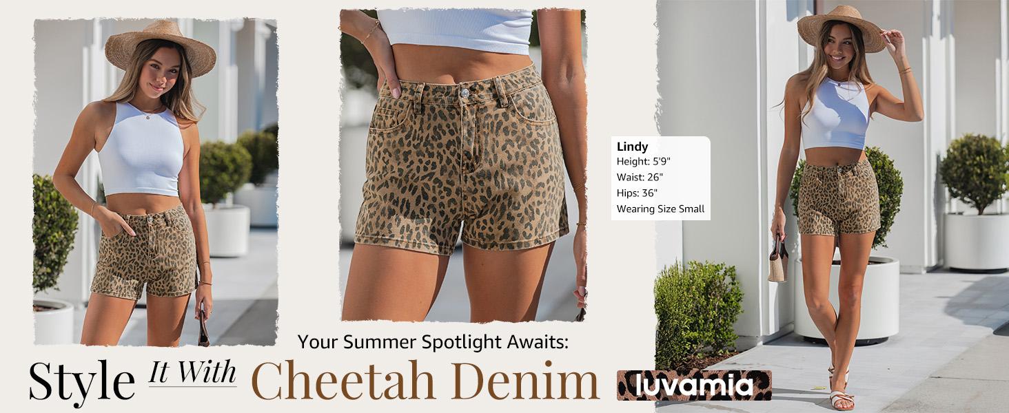 luvamia Jean Shorts for Women Trendy High Waisted Cheetah Leopard Animal Print Stretchy Denim Shorts Summer Casual Jorts