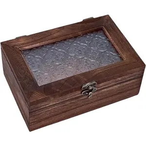 Vintage Wooden Storage Box with Glass Lid, Keepsake Box Small Decorative Storage Box for Jewelry, Trinket, Gift and Home Decorations (Small)
