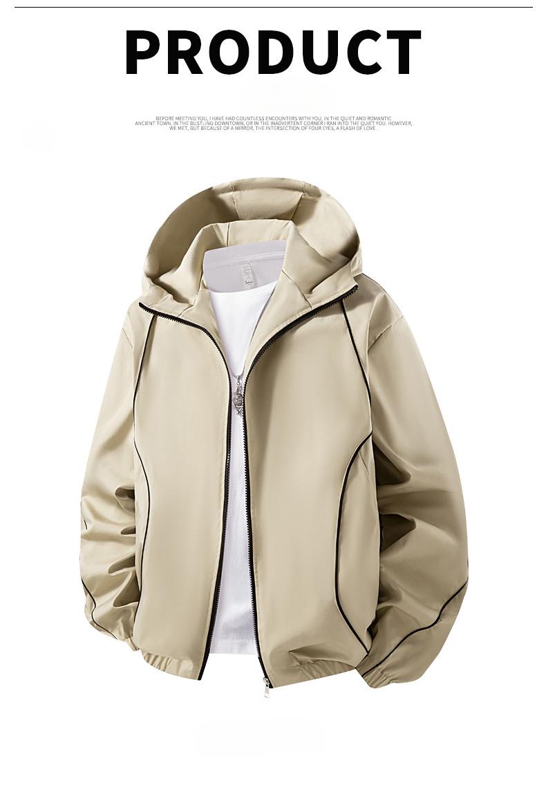 Fashion Men Lightweight Hooded Windbreaker Jacket, Stylish Contrast Curved Piping Design, Relaxed Loose Fit, Minimalist All-Match Windproof Outer Coat Perfect For Spring Autumn Street Looks