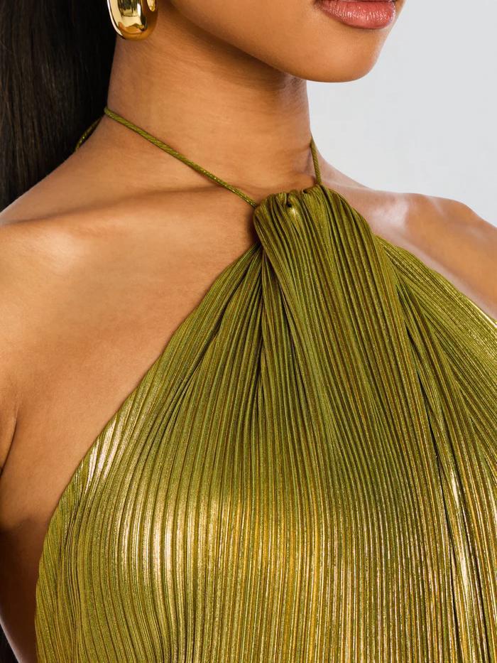 2026 Summer Women's New Sleeveless Backless Pleated Split Tie Halter Dress Formal Womenswear