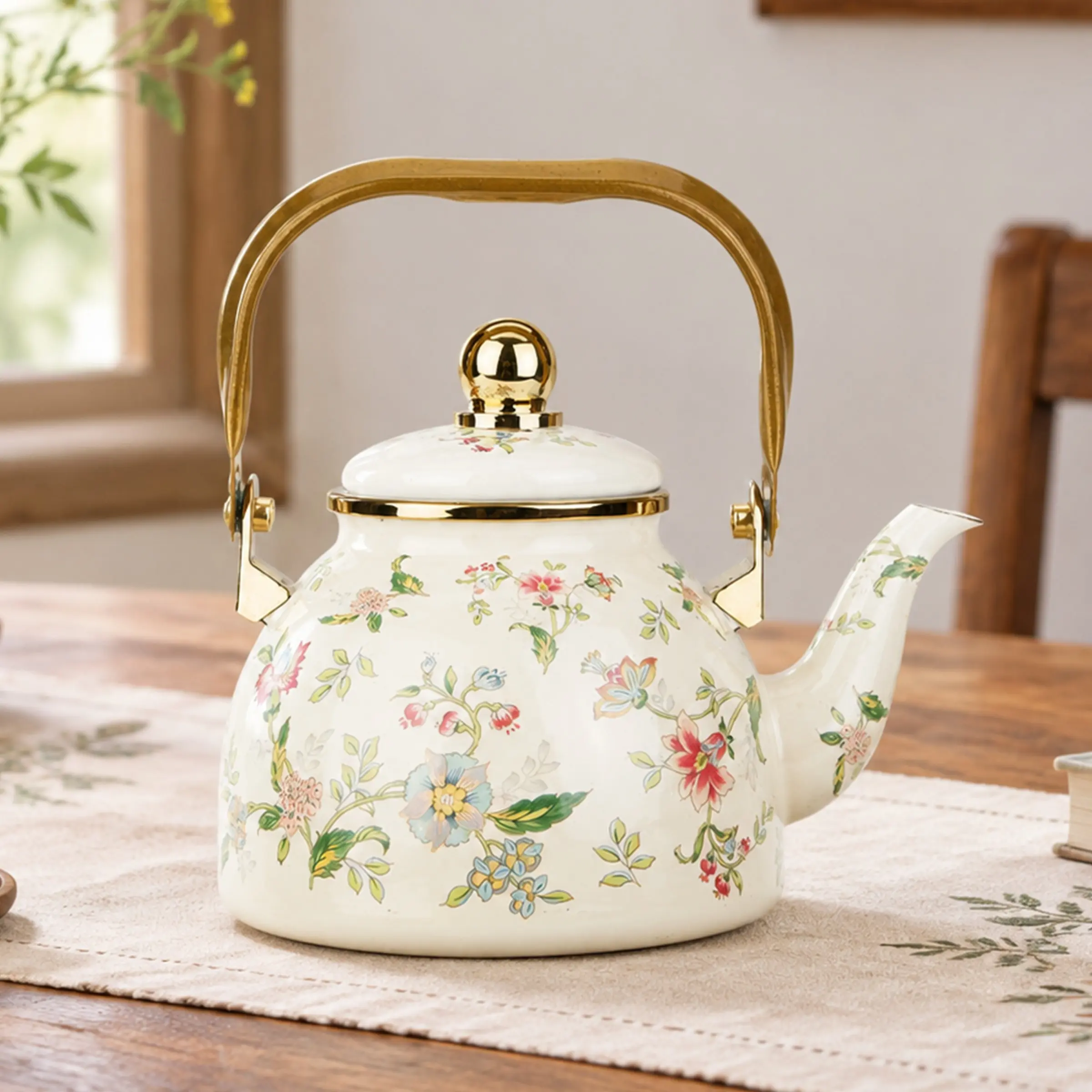 Vintage Rustic Floral Enamel Tea Pot Coffee Mug, Cream White Flower Pattern, Wooden Handle Gold Color Trim, Home Afternoon Tea Set, Gift Idea