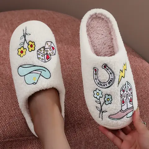 Western Cowboy Style Plush Slippers, Fuzzy Fashion Slippers, Boho Style Slippers, Luckgirl Embroidered Floral Design, Warm Indoor Outdoor Shoes for Fall & Winter, Fluffy House Slippers, Cowgirl Boot Slippers, Fashionable Soft Slippers