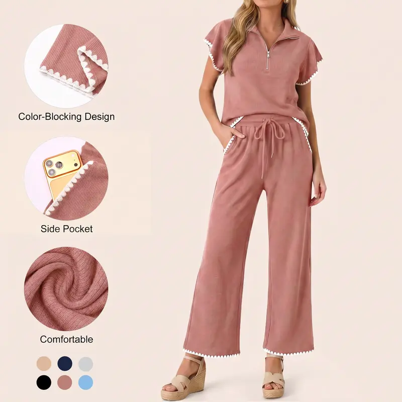 Imily Bela Scalloped Trim Waffle Knit Two Piece Set Women Half‑Zip Top & Wide Leg Pants Casual Lounge Outfit