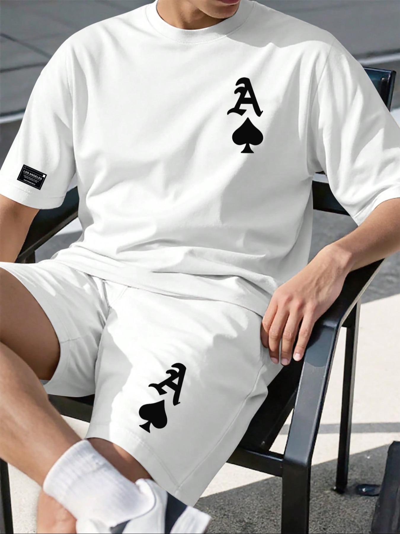 Two-Piece Set Men's Regular Fit Spade & Ace Print Short Sleeve Tee & Shorts, Casual Round Neck T-shirt & Track Shorts, Men's Summer Clothes