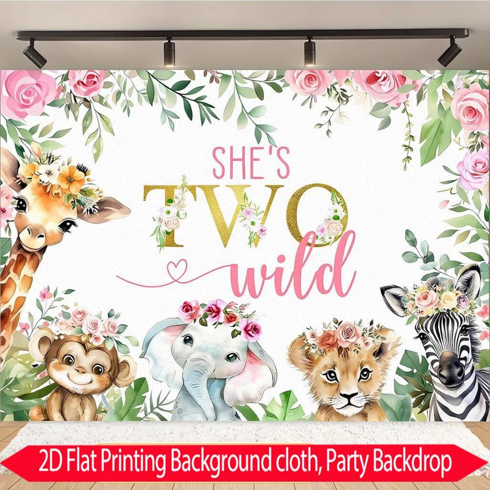 2D Flat 1PC Polyester She's Two Wild Backdrop Safari Animal Watercolor Floral Decor for Indoor & Outdoor Themed Party, Jungle Gathering, Photo Booth, Wall Decor, Home Decoration, Event Background, Available in Multiple Sizes
