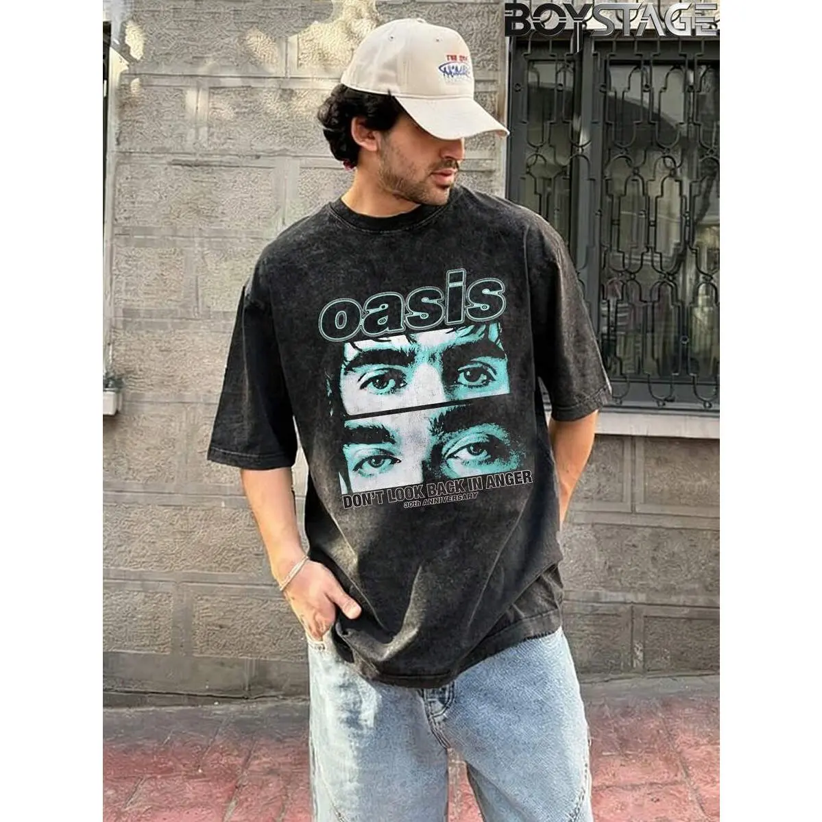 BOYSTAGE Men's Oasis Rock Band Printed Pattern T-Shirt, Unisex, American Retro Washed Cotton Printed T-Shirt, Street Y2K Style Fashionable Brand Printed T-Shirt, 2026 New Fashionable Casual T-Shirt, Comfortable And Breathable Pure Cotton,