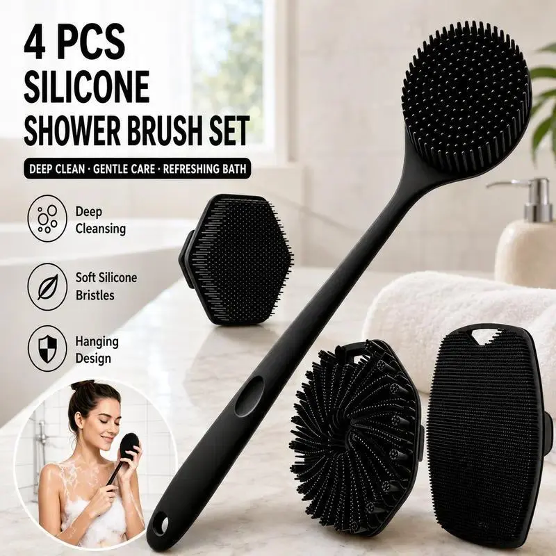 4-Pack Silicone Body Scrubber & Shower Brush Set - Ergonomic Long Handle Back Scrubber, Handheld Exfoliating Face Cleansing Brush & Scalp Massager, Easy-to-Clean Hygienic Bath Accessories for Men & Women