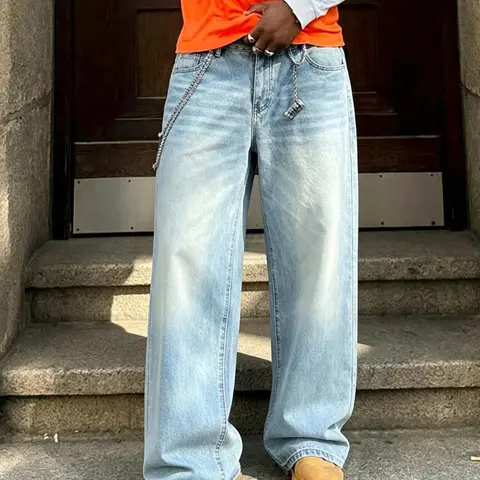 Men's Loose Washed Blue Denim Jeans, Casual Simple Fashionable Wide Leg Design, All Seasons Wear Comfortable Fit