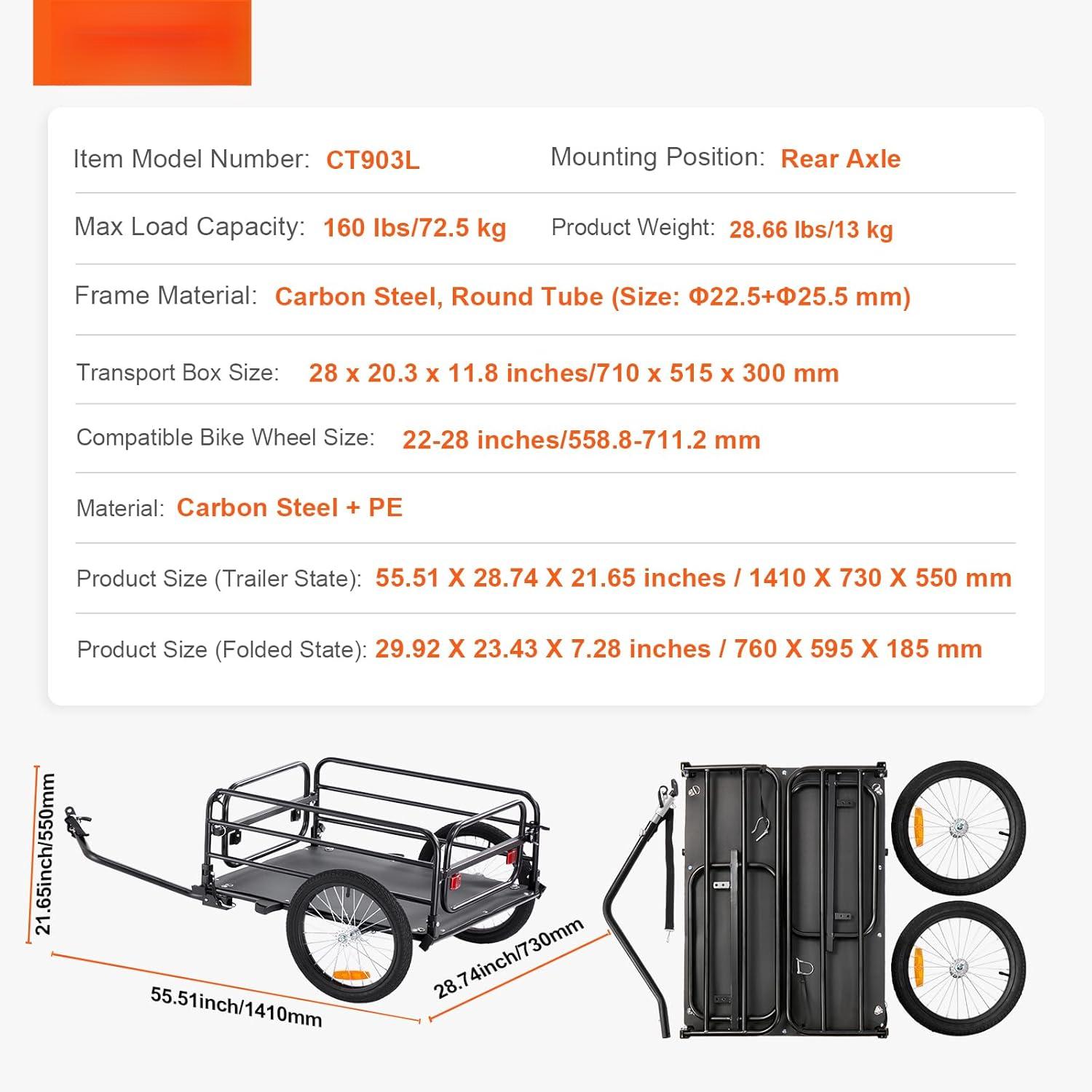 Heavy-Duty Bike Cargo Trailer with Metal Frame, 88/100/160 lbs Load Capacity, Cargo Hauling Bicycle Wagon Cart, Compact Fold for Storage, Universal Hitch Fits Most Bikes