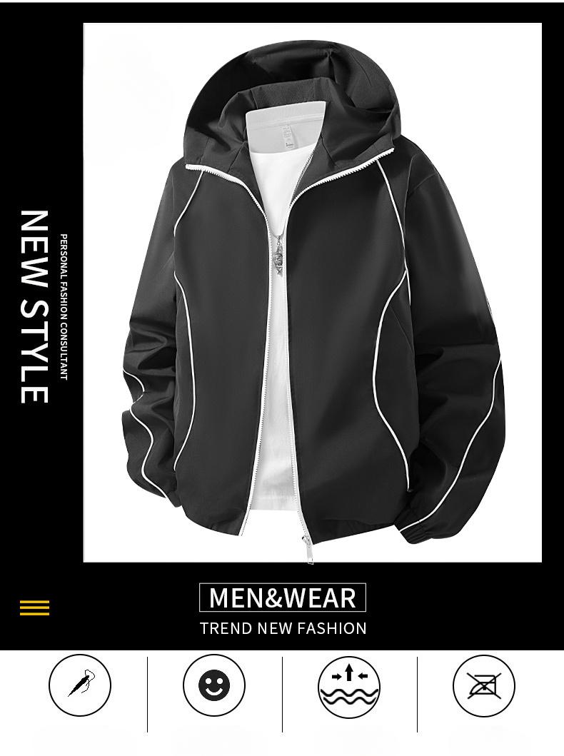 Fashion Men Lightweight Hooded Windbreaker Jacket, Stylish Contrast Curved Piping Design, Relaxed Loose Fit, Minimalist All-Match Windproof Outer Coat Perfect For Spring Autumn Street Looks