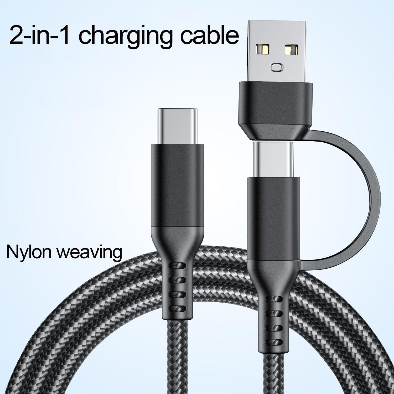 Multi-functional 2-in-1 fast charging data cable, 2M long, made with high-density nylon braided cable body and metal casing design, compatible with USB-C, Type-C-C, iPhone/15/16/Samsung/Galaxy/tablets/laptops, allowing fast charging for multiple devices,