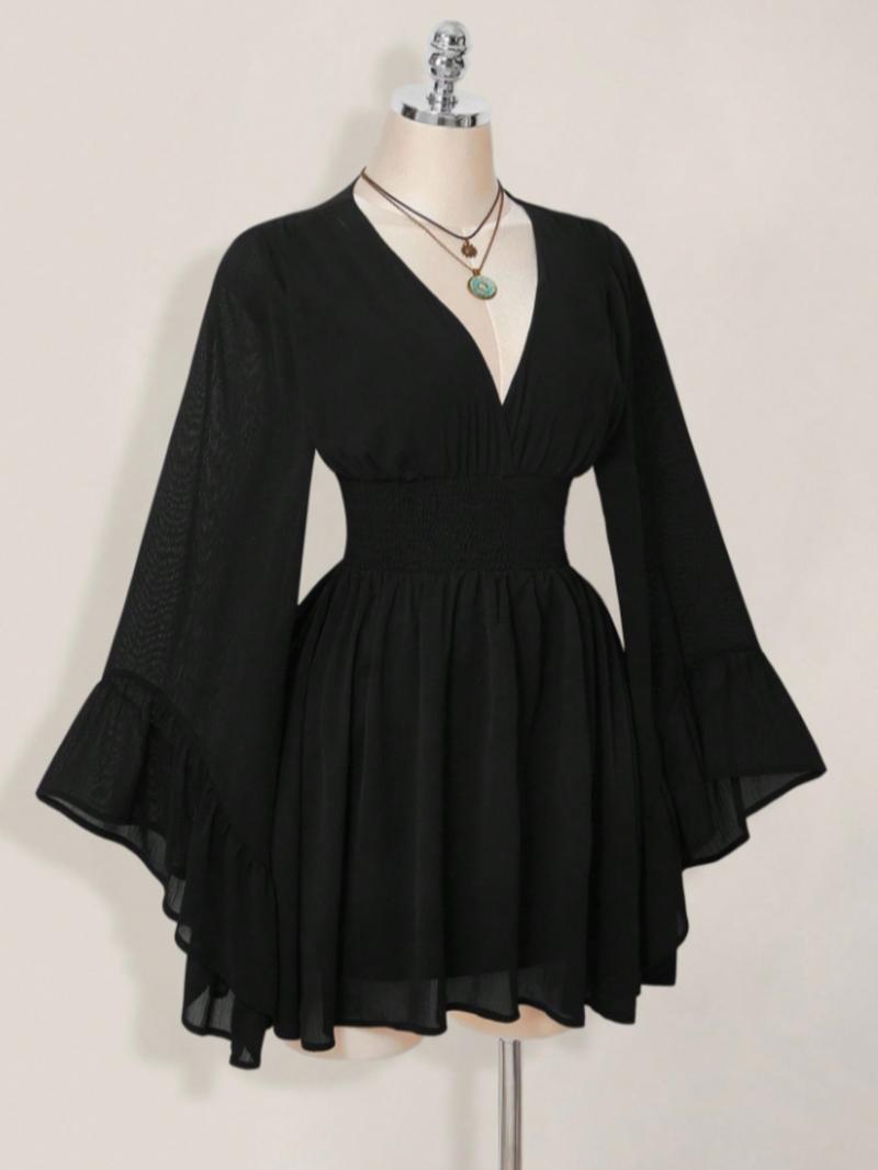 Women's Gothic Style V Neck Waist Cinched Dress, Elegant Long Sleeve Mini Dress, Autumn/winter Lantern Sleeve Dress