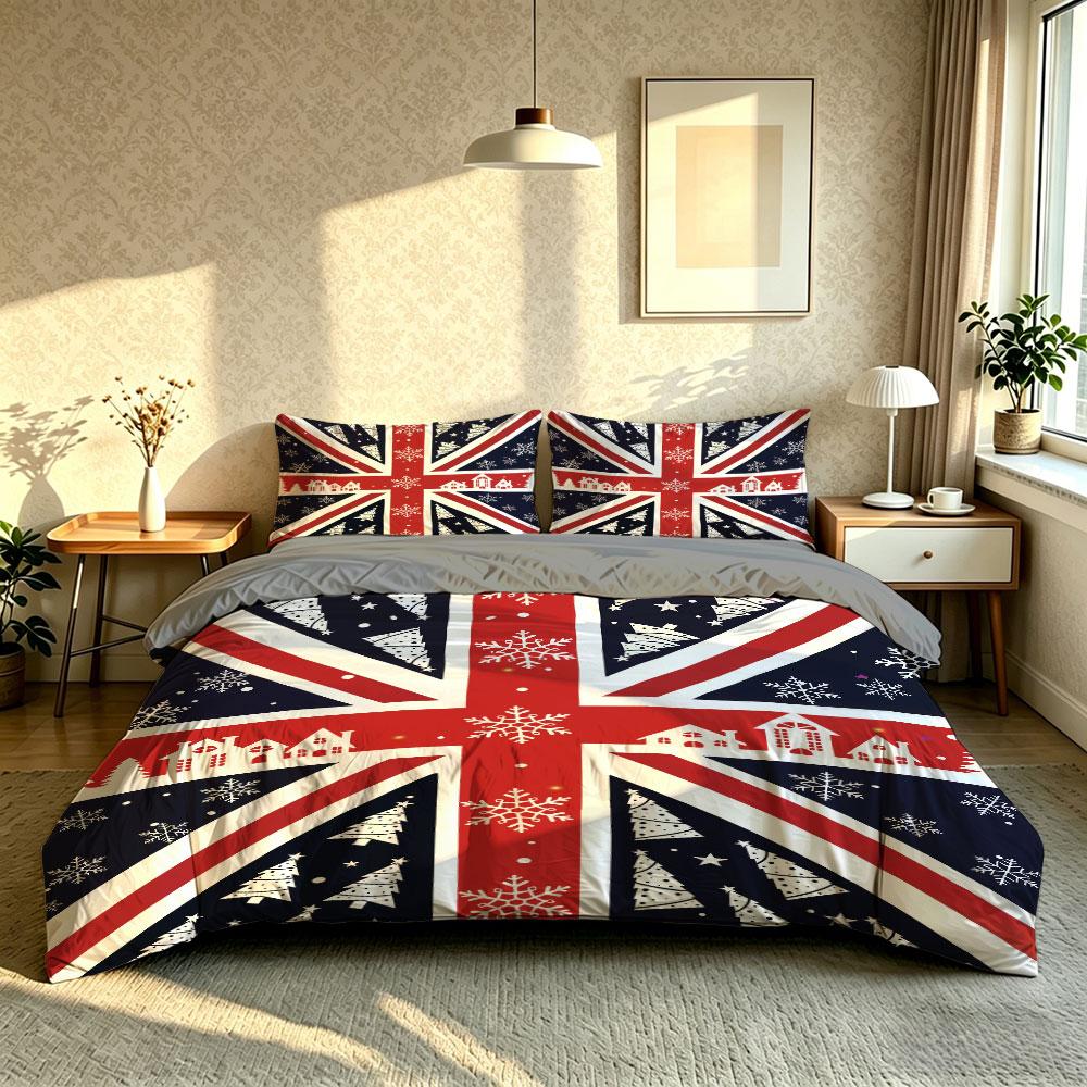 The 3-piece Christmas-themed British flag bedding set includes one bedspread and two pillowcases, without fillings. It's soft and comfortable, suitable for single beds and double beds, and ideal for use in bedrooms, dormitories, and hotels.