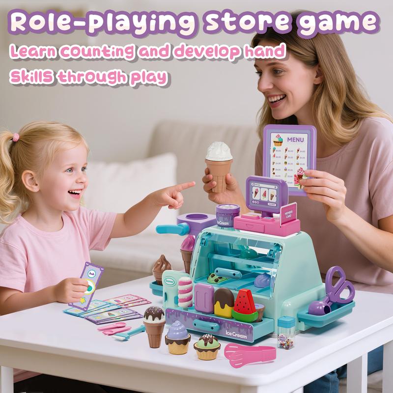 Lehoo Castle 45 pcs Ice Cream Toys, Ice Cream Counter Playset with Sound and Light, Pretend Play Toy, Complete ice cream stand, Gift for Boys and Girls age3+ Lehoo Castle 45 pcs Ice Cream Toys, Ice Cream Counter Playset with Sound and Light, Pretend Play Toy, Complete ice cream stand, Gift for Boys and Girls age3+