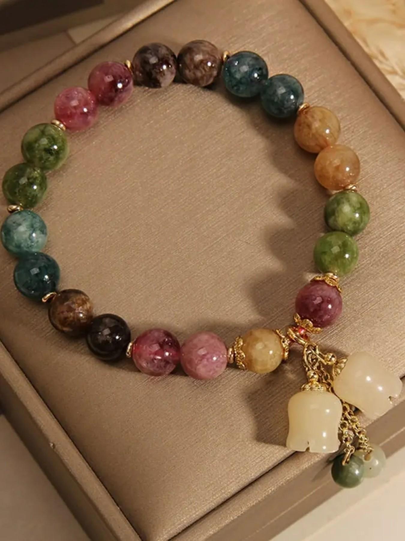 Handmade Colorful Quartz Beaded Bracelet with Bellflower Pendant, Adjustable Rope Chain Floral Charm, Cute Gift Jewelry for Women