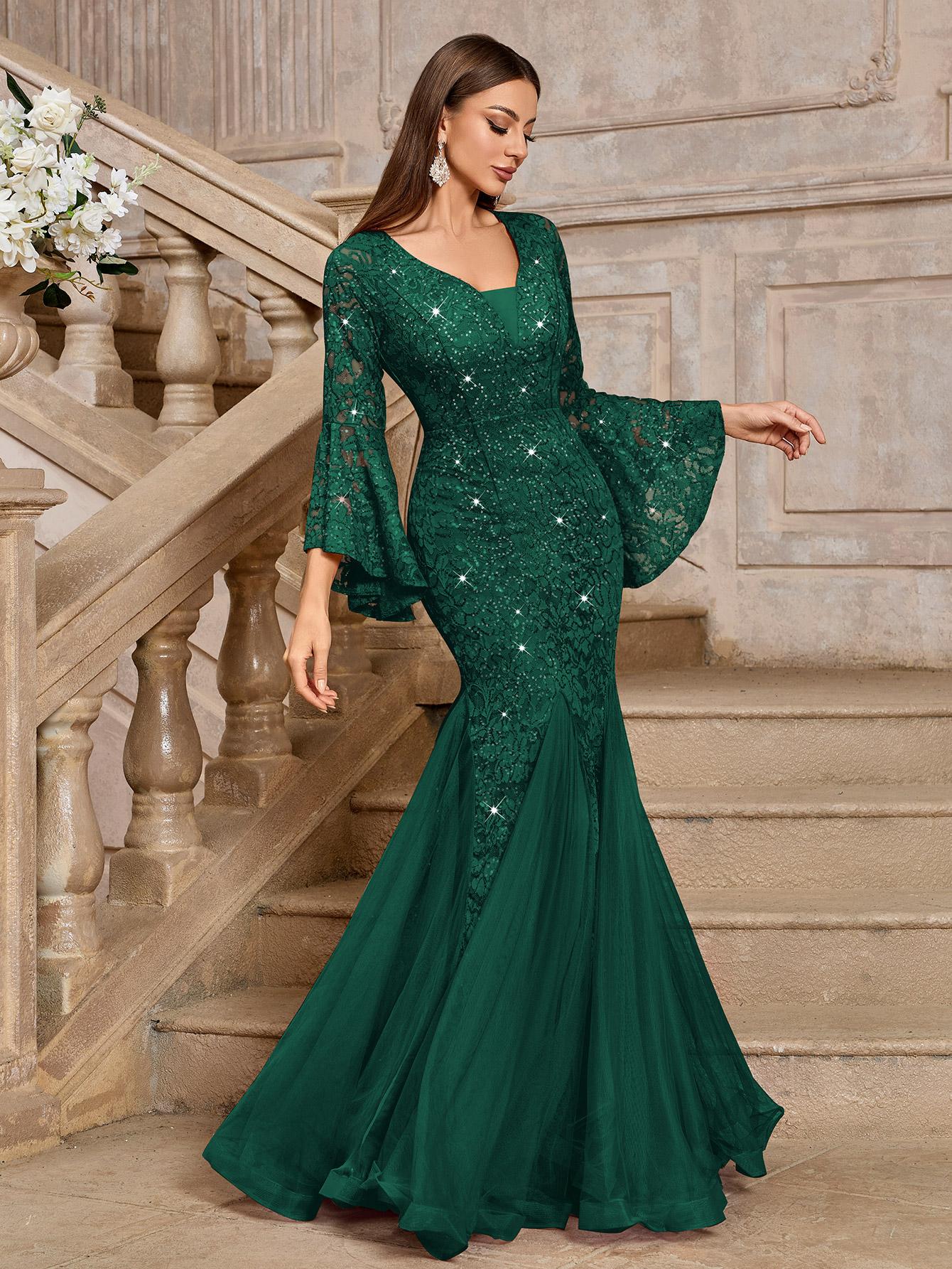 MIUSOL 24351A Women's Deep Vneck Sequin Lace Mesh Tulle Hem Long Sleeve  Formal Evening Maxi Dress for Cocktail Parties & Banquets, Party, Festival Womenswear