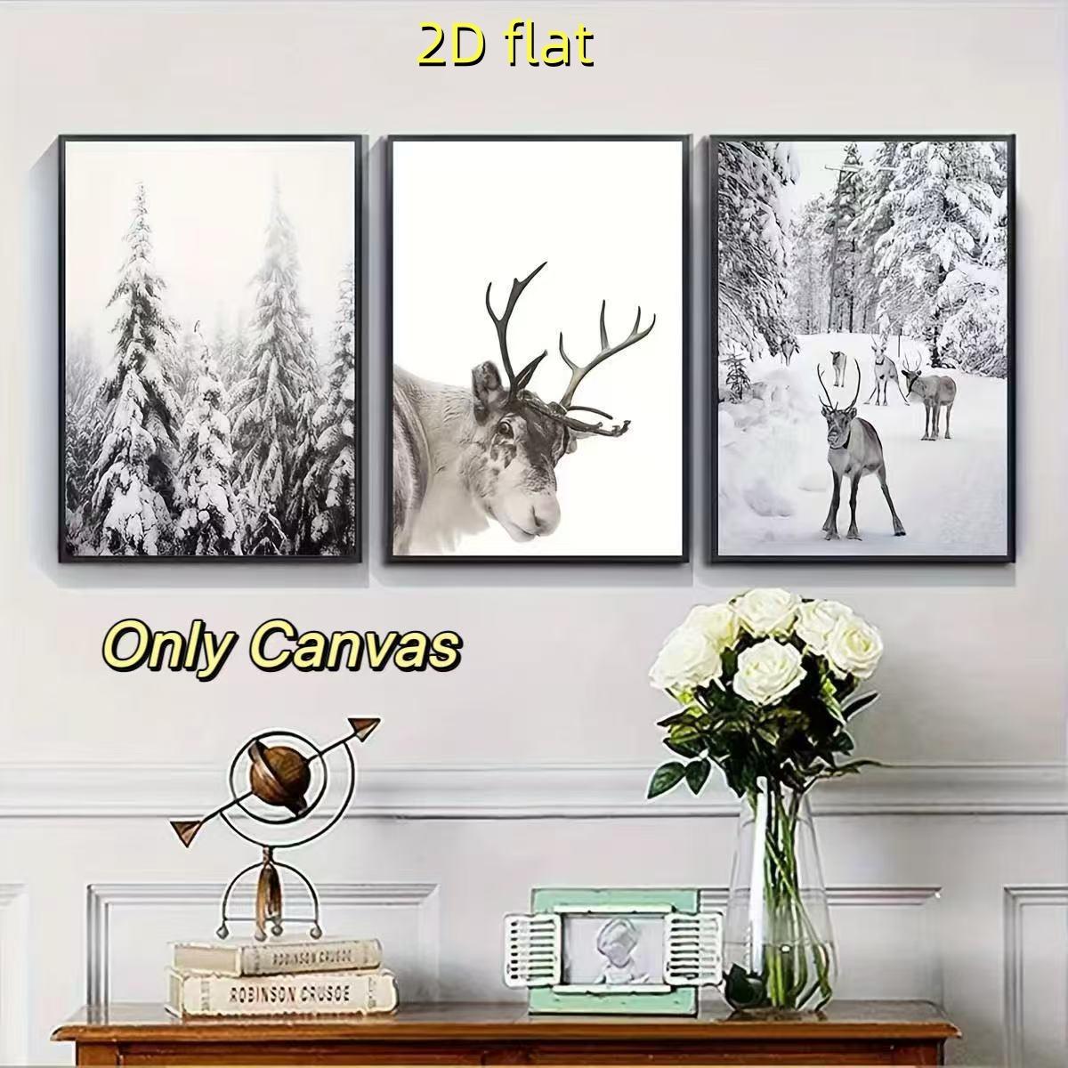 3 reindeer print animal winter canvas posters, Nordic Christmas snow covered trees home decor artwork 2D flat printing frameless painting