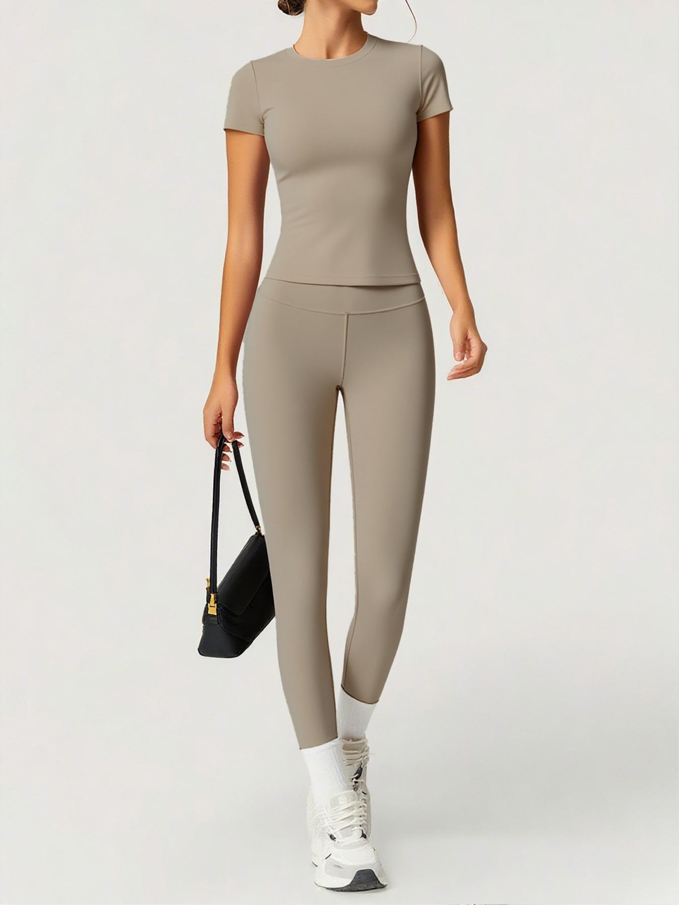 Women's Sporty Fitted Yoga Tracksuit Set, Soft Breathable Stretch Fabric Activewear Short Sleeve Top & Elastic Pants, Ideal for Fitness Running Outdoor Activities