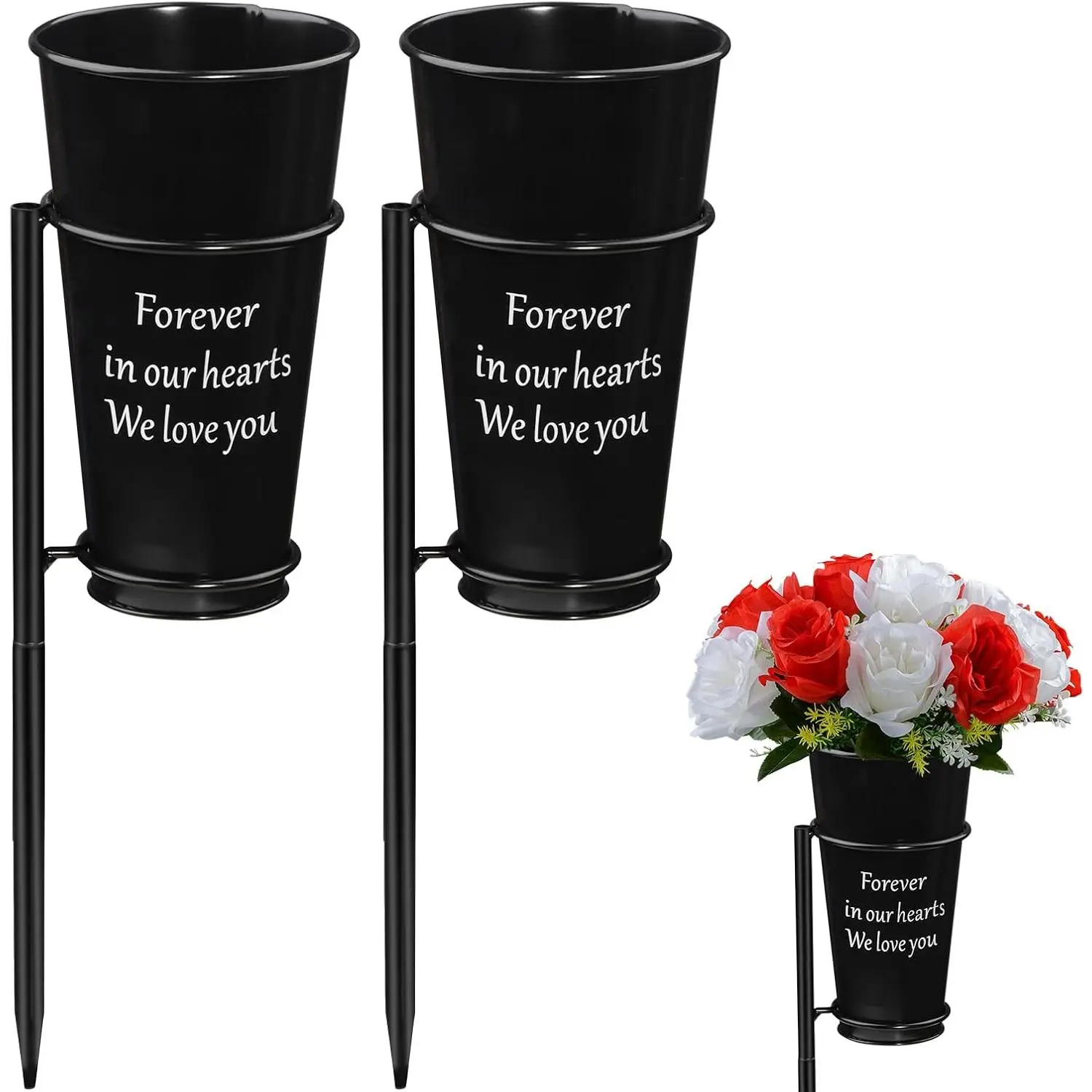 Metal Cemetery Vase Flower Holder with Spikes in Ground Grave Vases for Gravesite Gravestone Memorial Grave Markers Cemetery Decorations (2Pcs, Black)