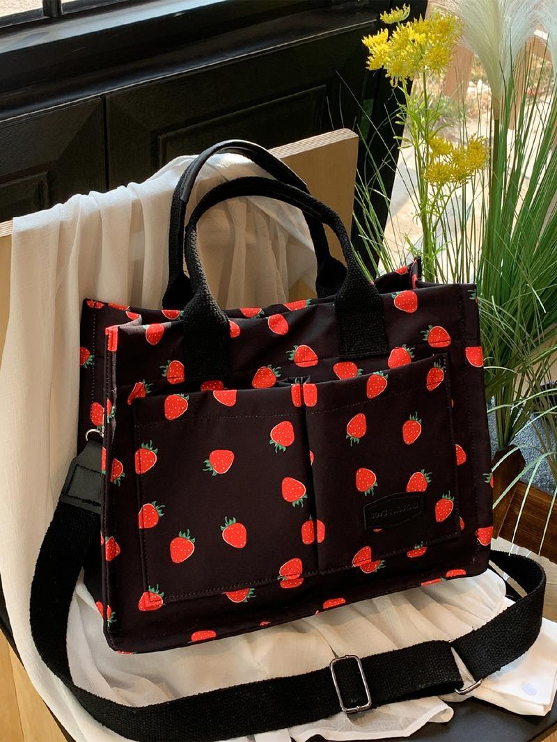 Women's Cute Strawberry Pattern Tote Bag, Fashionable Large Capacity Crossbody Bag for Daily & Work Use, Casual Versatile Commuting Handbag for Women & Girls, Trail Sport Bag