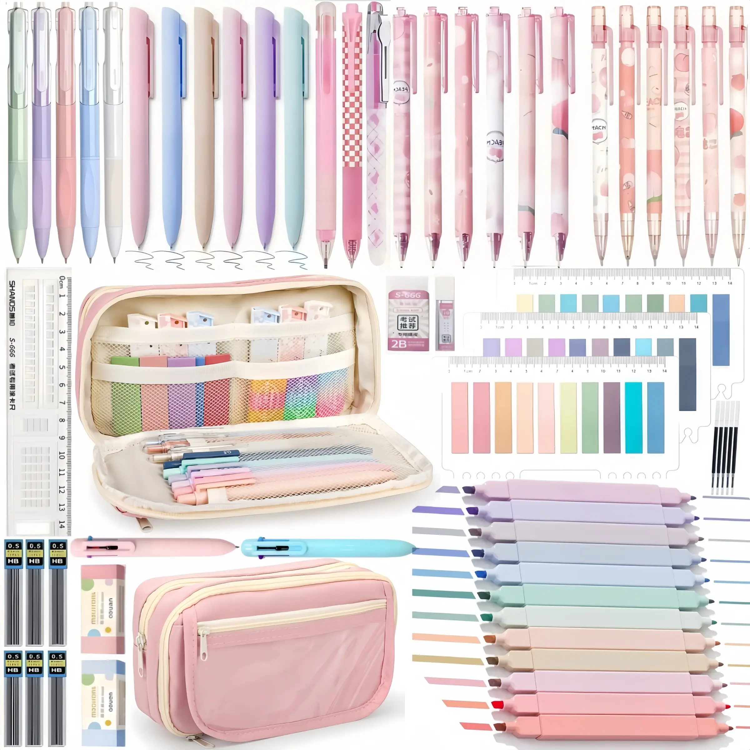 Morandi 60PCS School Supplies with Pencil Case, Stationery Set, Pink 6 Multicolor Pens, 13 Pastel Highlighters, Gel Pens, Mechanical Pencils, Back to School, College Essentials for Students, Student Stationery Kit
