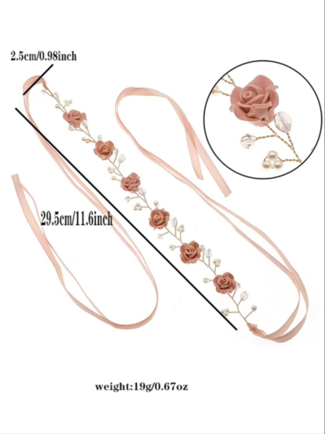 Elegant Rose Pearl Crystal Bridal Hair Vine, Handmade Soft Clay Wedding Headband with Ribbon Tie, Bohemian Romantic Hair Ring