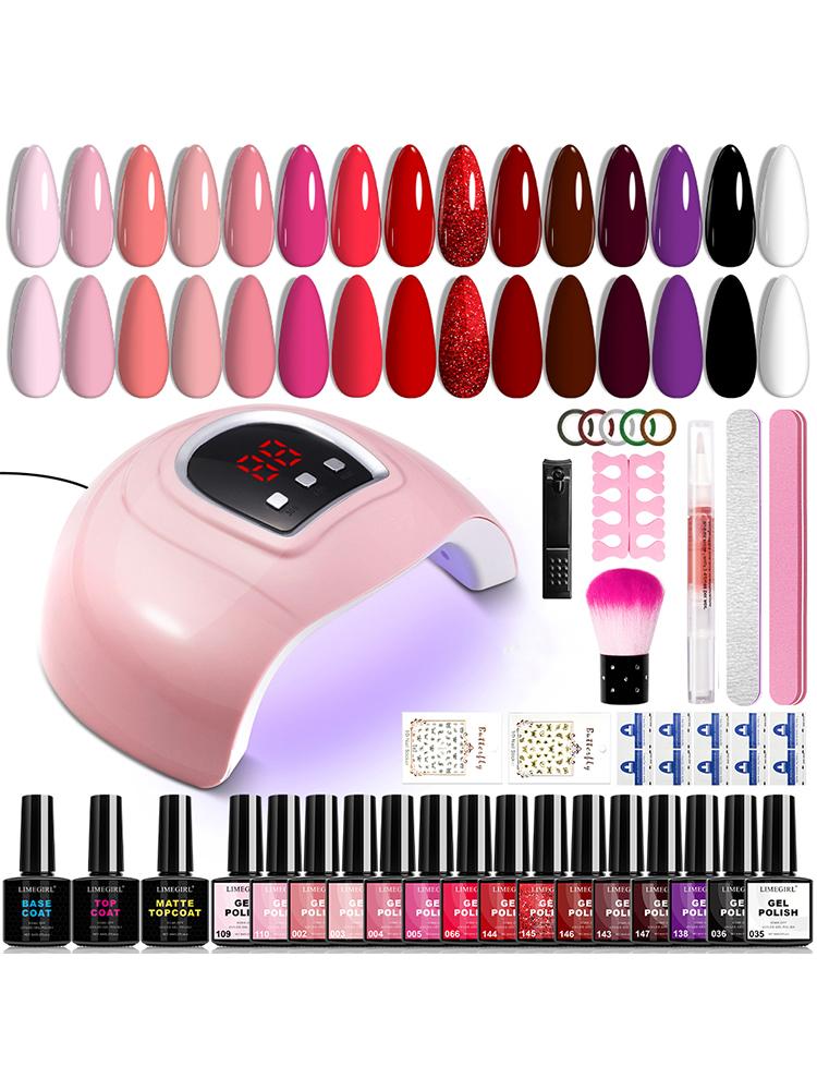 LIMEGIRL Gel Nail Polish Kit With UV Lamp 15 Color Semi Permanent Gel Nail Polish Kit With Frosted Top Paint Primer Nail Tool Set Nail  Polish Luminary Gel Nail Nail kit Nail Art Starter Kit for Beginners