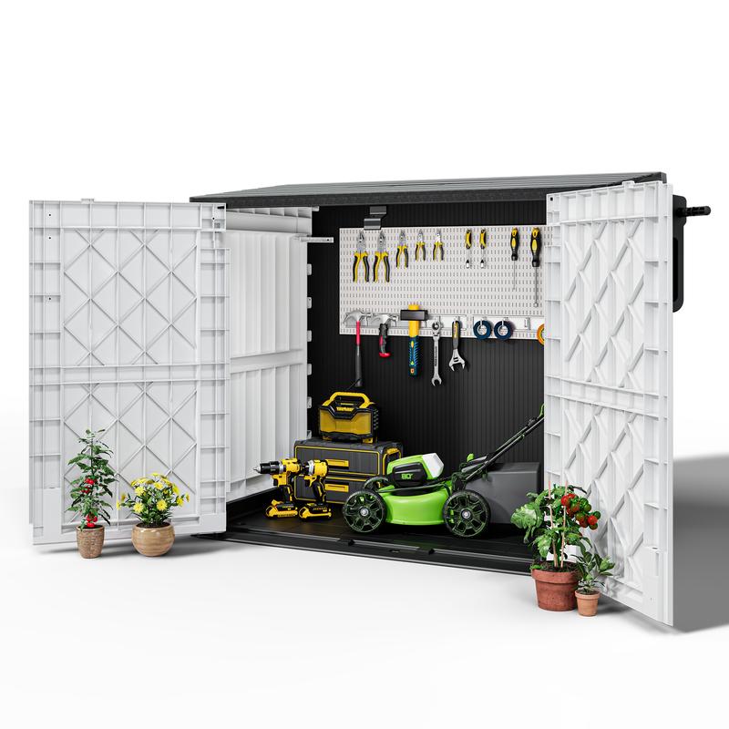 Outdoor Storage Box (White/Black) -  126.5"D*73.1’W*110”H, 36 Cu Ft Capacity, Waterproof Resin with Lockable Latch, 15 Lbs/Sq Ft Roof Load, Durable Solid Plastic Organizer-Christmas Gifts.