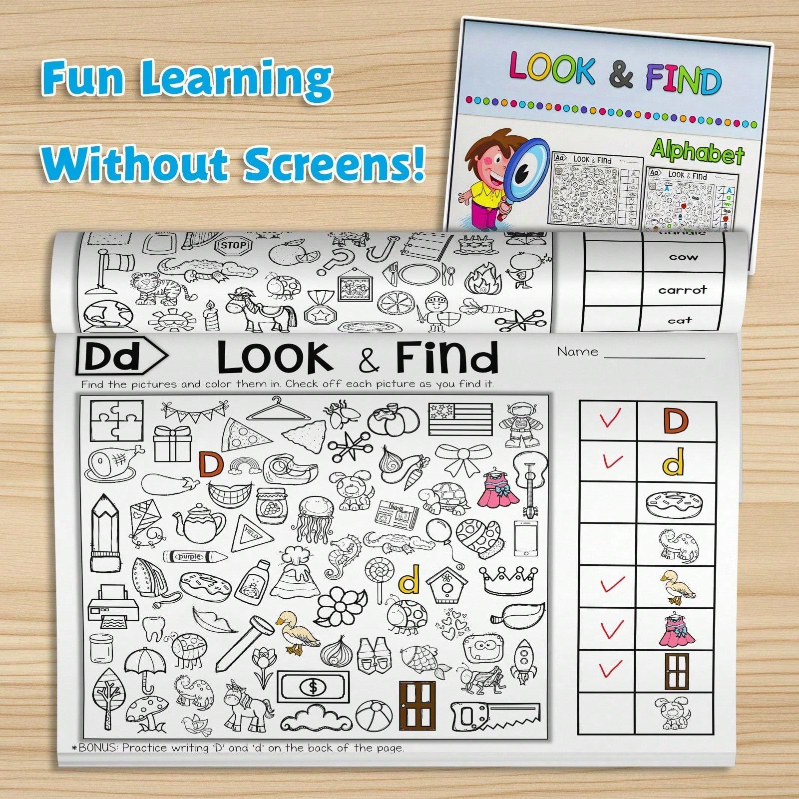Look and Find Activity Workbook, Hidden Objects Search-and-Spot Pages, Alphabet / Objects / Colors & Shapes Themes, Visual Scanning and Observation Practice, Checklist Challenges, Screen-Free Puzzle Fun, Clear Worksheets for Daily Practice