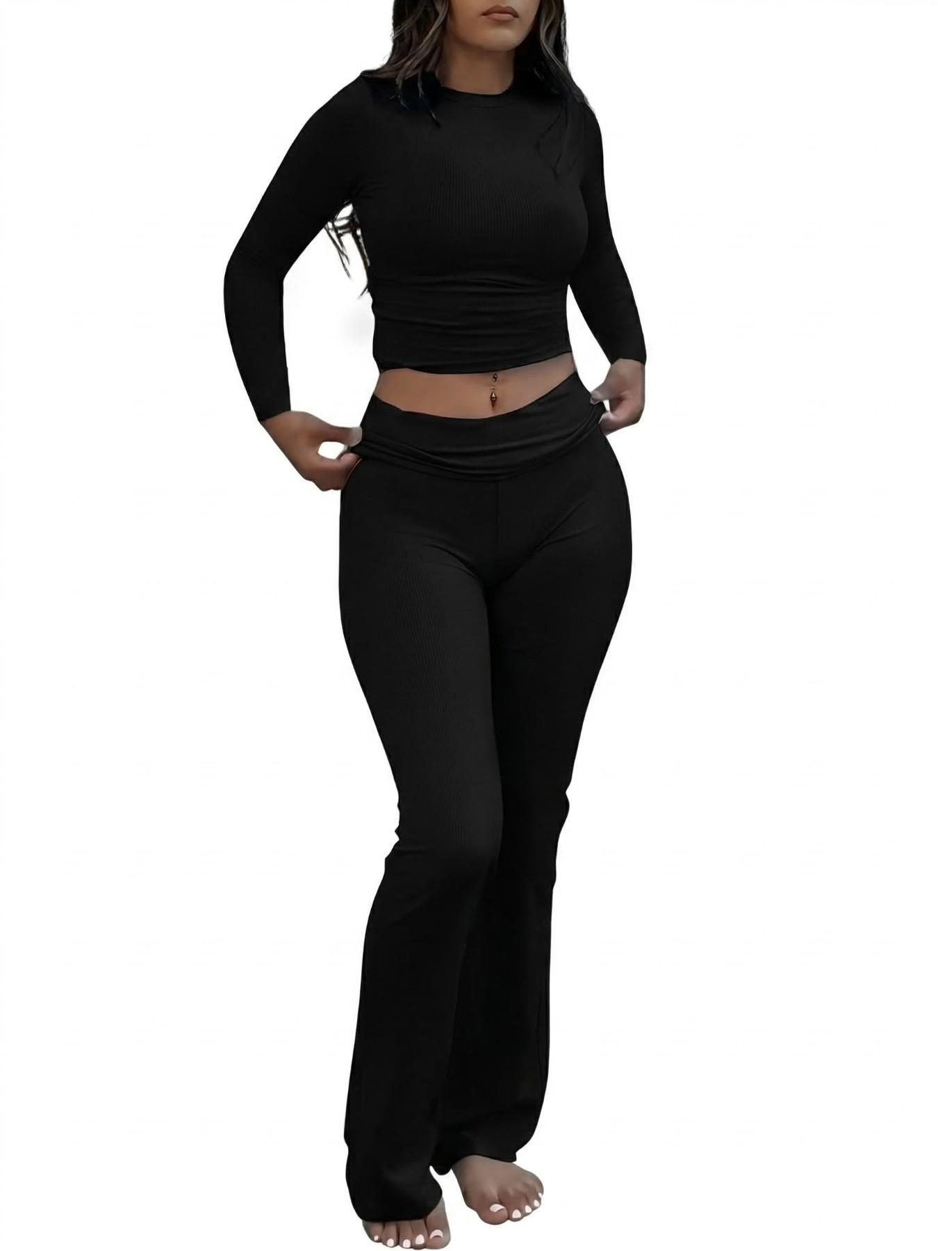 Women's Solid Long Sleeve Crop Tee & Flare Leg Skinny Pants Loungewear Set, Casual Round Neck Top & Bell Bottom Leggings, Sleepwear Set for Women