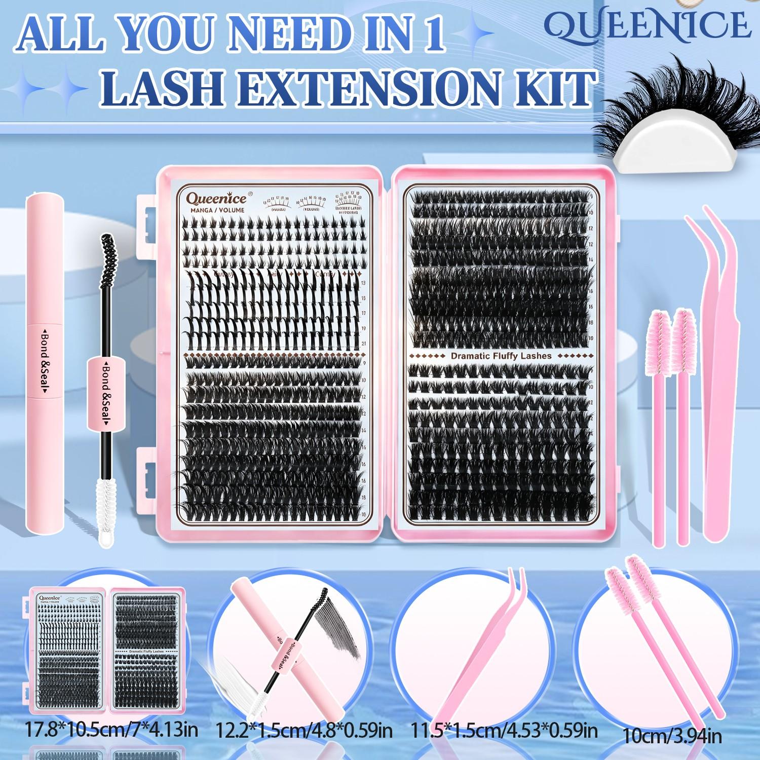 Queenice Lash Clusters Kit, Eyelash Extensions Set, 80D 100D 120D Spikes, D Curvature, Lash Bond, Eyelash Glue Tweezers, Brush, DIY at Home