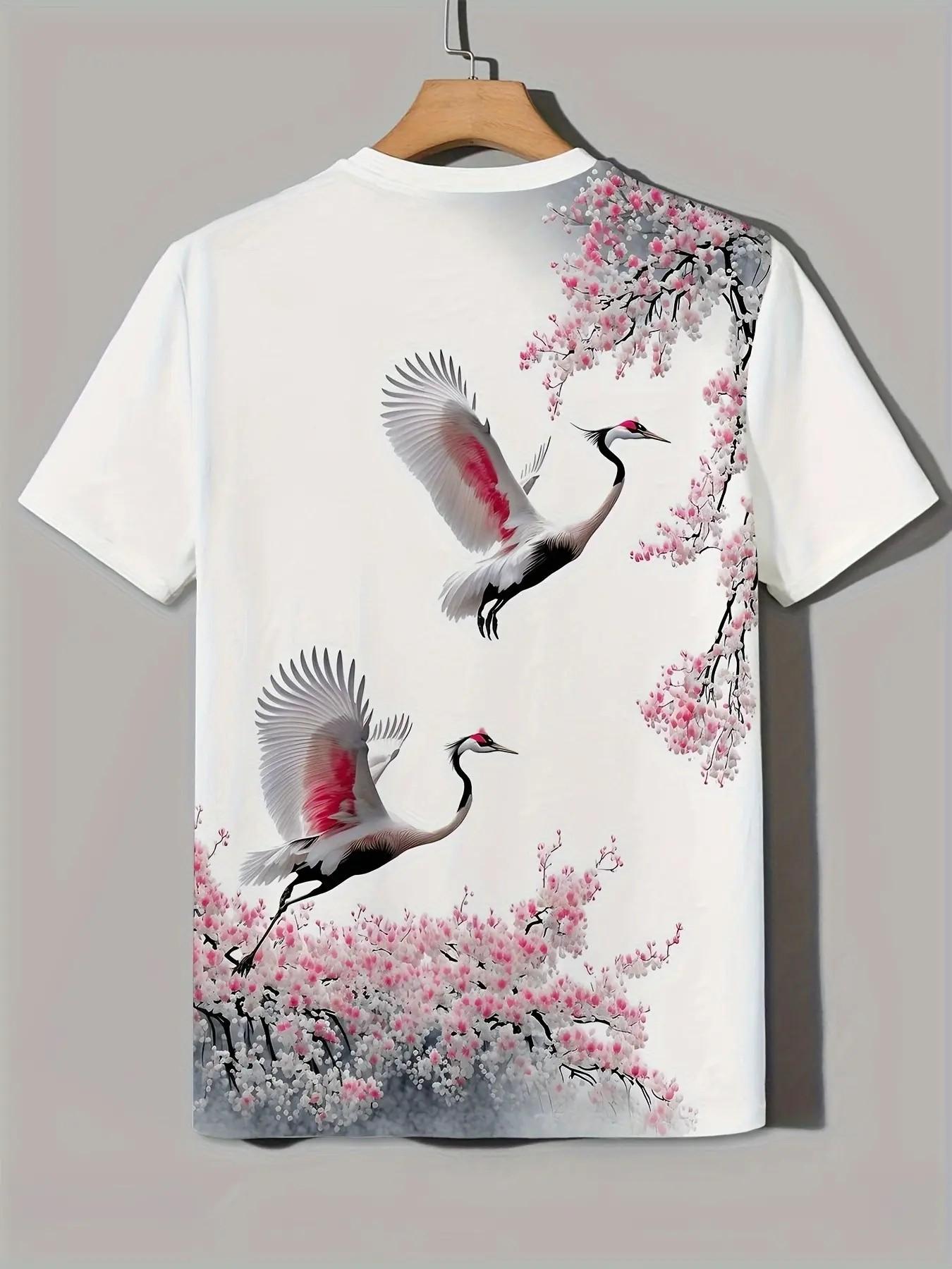 Men's Crane Cherry Blossom Print T-Shirt, Japanese Style Floral Bird Streetwear Round Neck Short Sleeve Top, Sporty Loose Fit