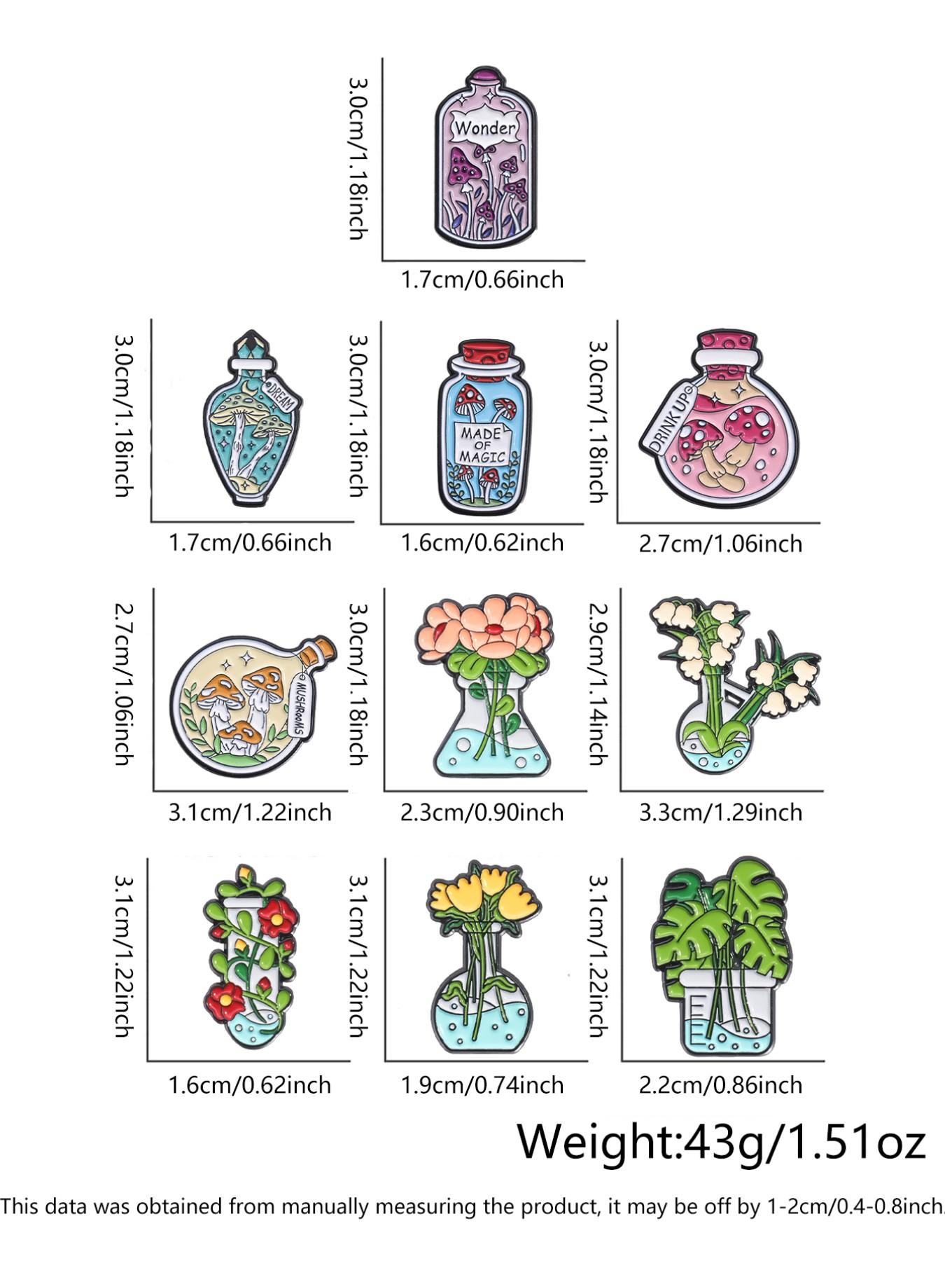 10Pcs Fantasy Magic Plant Bottle Brooch Set, Mushroom Flask & Floral Beaker Design, Fashion Clothing Accessory, Unisex Daily Wear Gift