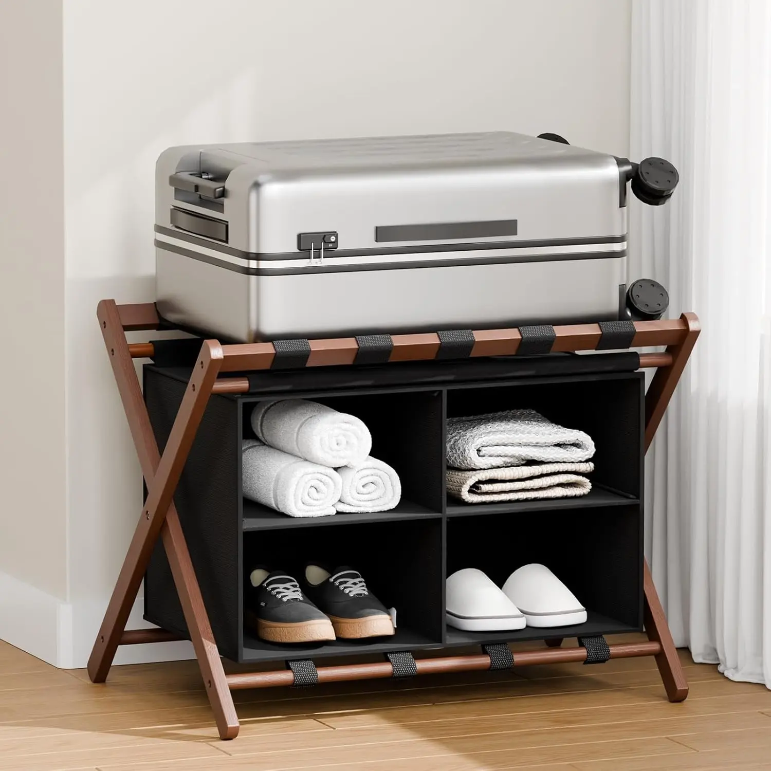 Luggage Rack for Guest Room with 4 Storage Compartments, Foldable Suitcase Stand, 150lbs Capacity, Sturdy, Space-Saving and Easy to Assemble Storage Organizer