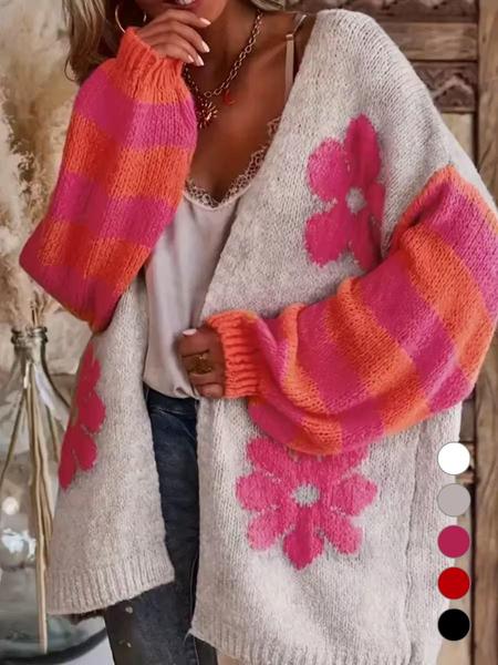 Women's Floral Jacquard Cardigan, Button Front Open-Front Sweater Coat, Casual Fashion Outerwear for Spring & Fall Seasons, Lightweight Knit Sweater