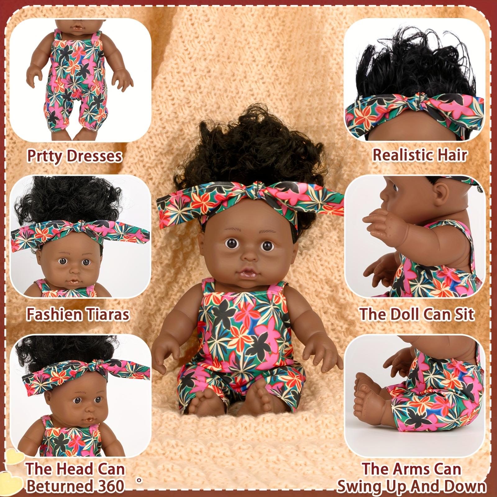 Baby Doll, 12 inch American African Girl Doll with Dress, Realistic Reborn for Kids Aged 2 3 4 5 6, Silicone Small Toy Curly Hair Birthday Gift,