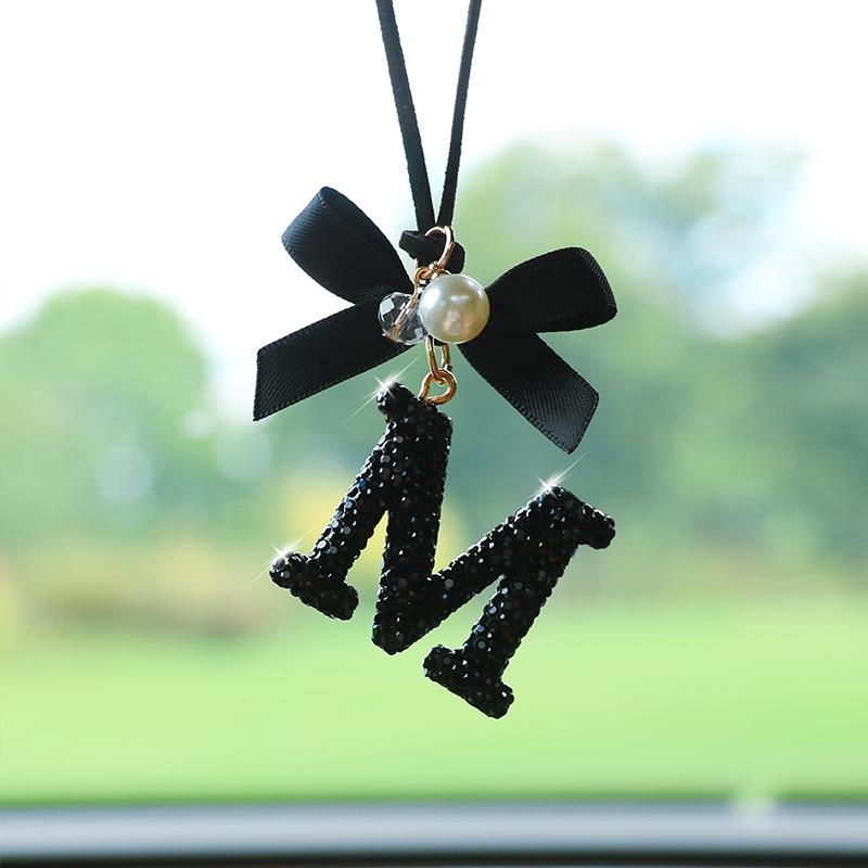 Fashion Bow Car Pendant, Letter Design Rearview Mirror Decoration, Perfect Gift for Holidays & Birthdays, Elegant Auto Accessory, Girly Car Accessories