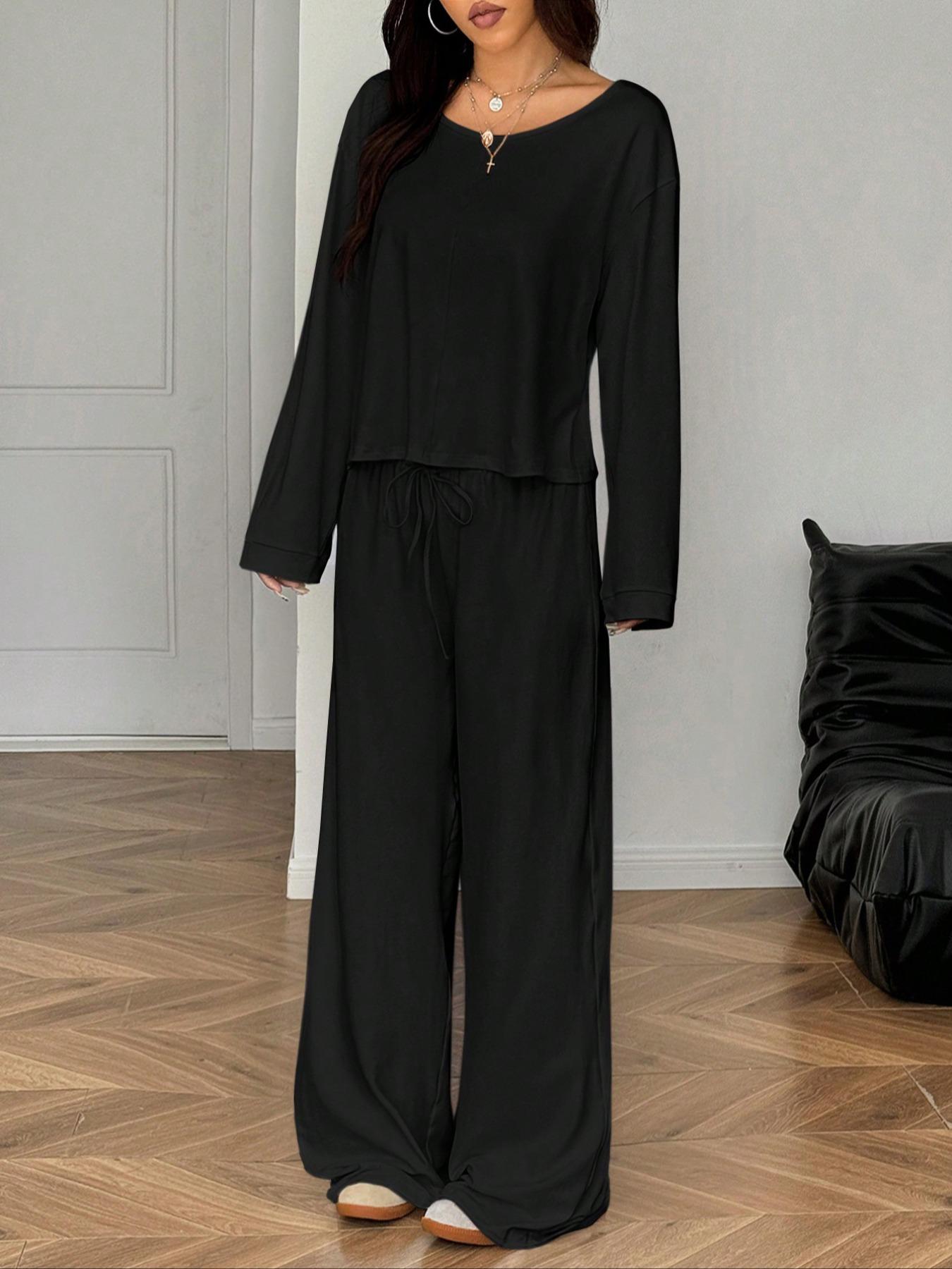 Women's Casual Long Sleeve Top & Pants Set, Plain Design, Loose-Fit Comfortable for All Seasons, Autumn Fashion Essentials