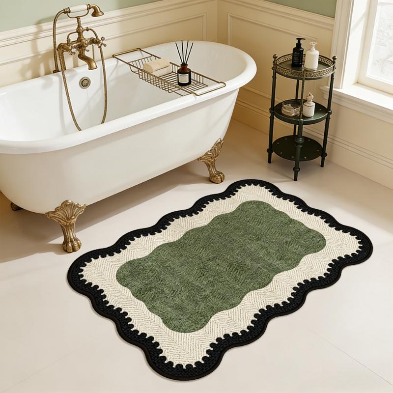 Retro wavy edge green bathroom door non-slip floor mat French entry entrance carpet household washable kitchen carpet home decoration bedroom bedside carpet mid-century style living room sofa area carpet light luxury high-end cloakroom dresser carpet